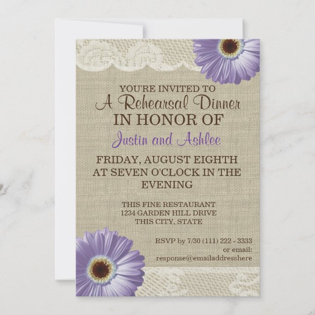 Purple Daisy and Lace Rehearsal Dinner Party Invitation (Front)