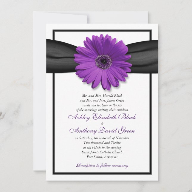 Purple Daisy Black Ribbon Wedding Invitation (Front)