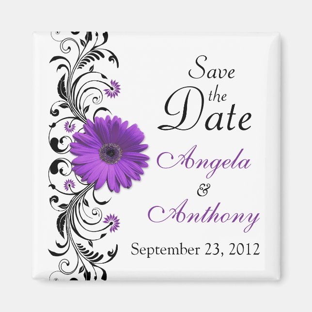 Purple Daisy Floral Wedding Save the Date Magnet (Front)