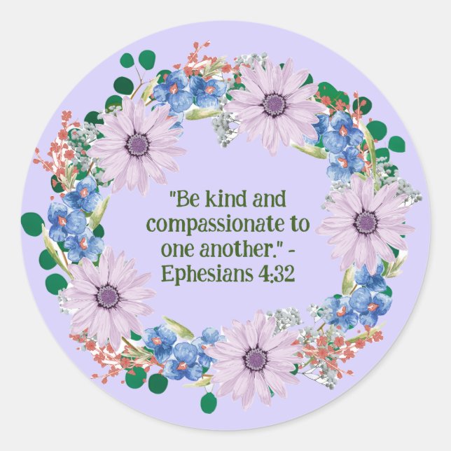 Purple Daisy Floral Wreath: Radiate Faith & Love Classic Round Sticker (Front)