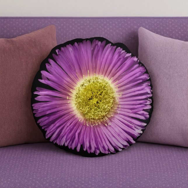 Purple Daisy Flower Closee-up Boho Cheerful Floral Round Cushion (Creator Uploaded)
