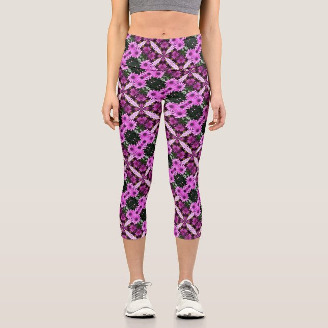 Purple Daisy Flowers Abstract Design     Capri Leggings (Front)