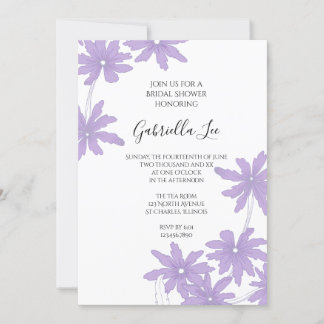 Purple Daisy Flowers on White Bridal Shower Invitation