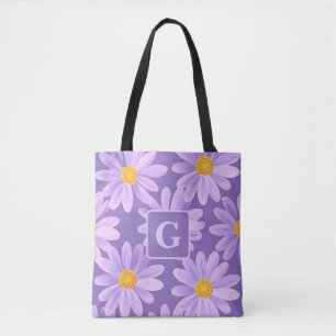 purple daisy flowers personalised monogram tote bag