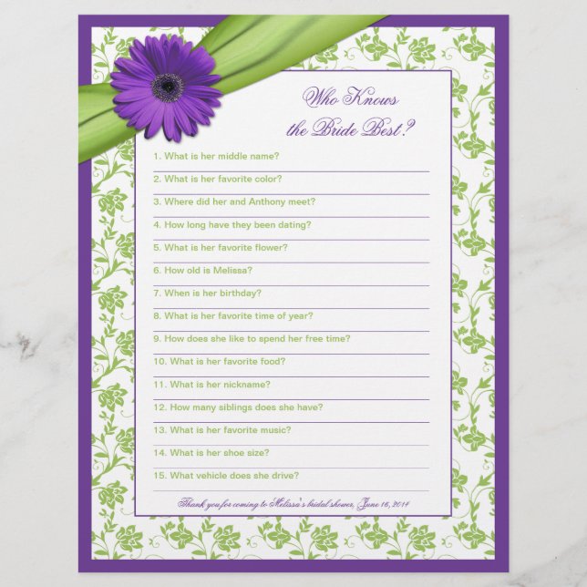 Purple Daisy Green Floral Bridal Shower Game (Front)
