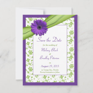 Purple Daisy Green Floral Damask Save the Date