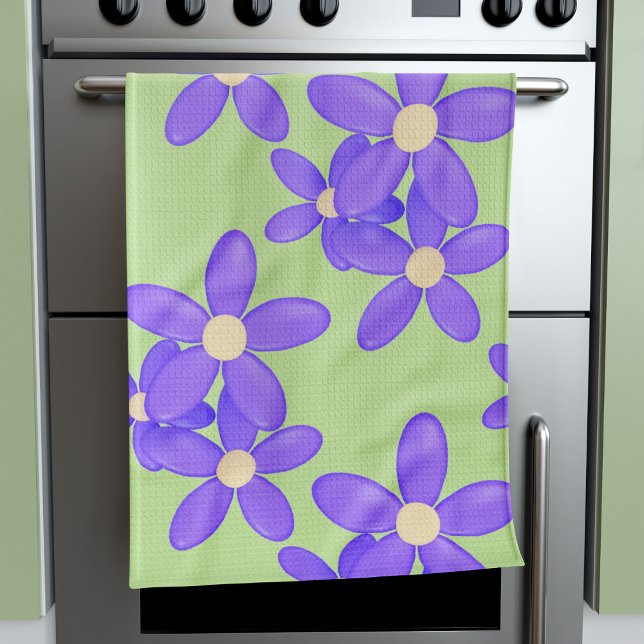 Purple Daisy Green Retro Flowers Kitchen Towel (Groovy purple and green floral kitchen towel for your groovy kitchen)