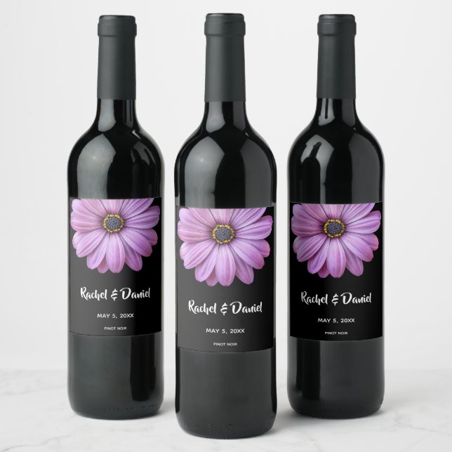 Purple Daisy on Black Wine Label (Bottles)