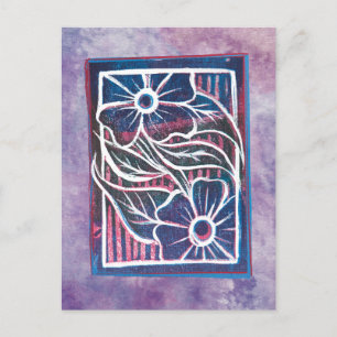 Purple Daisy Printmaking Carving Artistic green Holiday Postcard