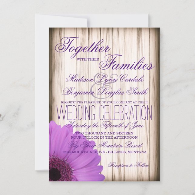 Purple Daisy Rustic Country Wood Wedding Invites (Front)
