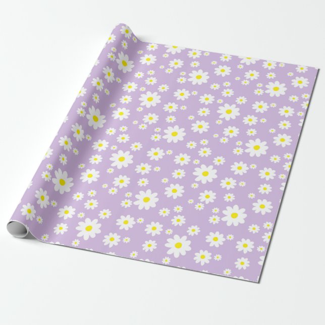 Purple Daisy Spring Pattern Wrapping Paper (Unrolled)