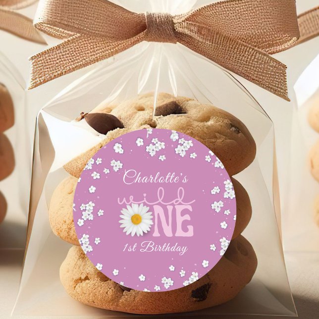 Purple Daisy Wild One 1st Birthday  Classic Round Sticker (Creator Uploaded)