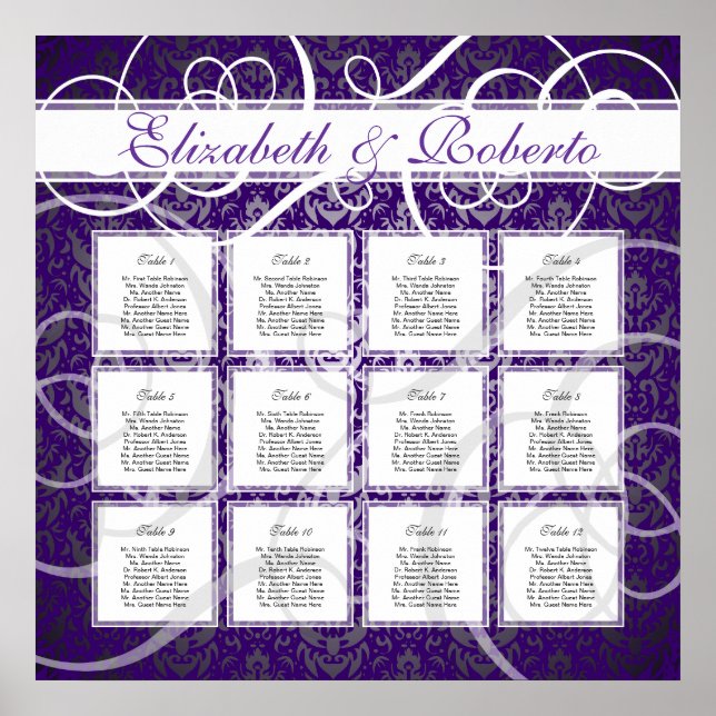 Purple Damask 12 Table Wedding Seating Plan Chart (Front)
