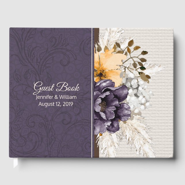 Purple Damask and Fall Flowers Wedding Guest Book (Front)