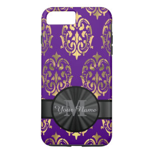 Purple damask and gold personalised monogram Case-Mate iPhone case