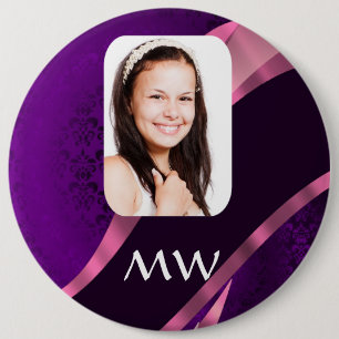 Purple damask and personalised photo 6 cm round badge