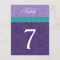 Purple Damask and Teal Lace Table Number Card V01