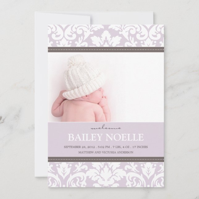 PURPLE DAMASK BABY | BIRTH ANNOUNCEMENT (Front)