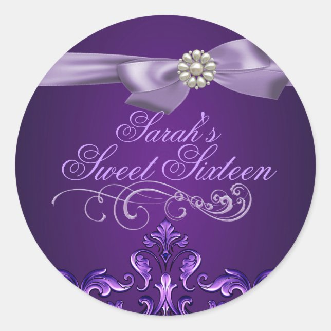 Purple Damask & Bow Sweet 16 Envelope Sticker/seal Classic Round Sticker (Front)