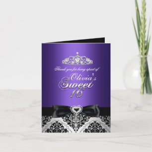 Purple Damask & Bow Sweet Sixteen Thank You Card