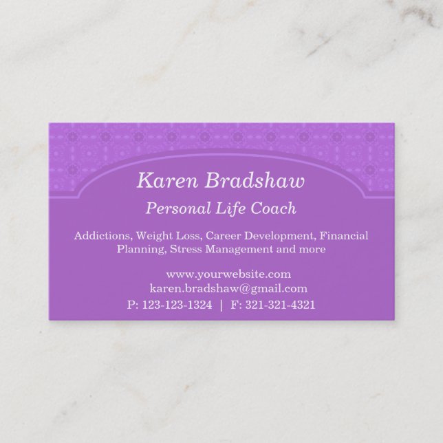 Purple Damask Career and Life Coach Business Cards (Front)