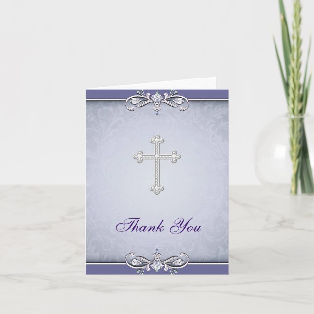 Purple Damask Christian Cross Thank You Card (Front)