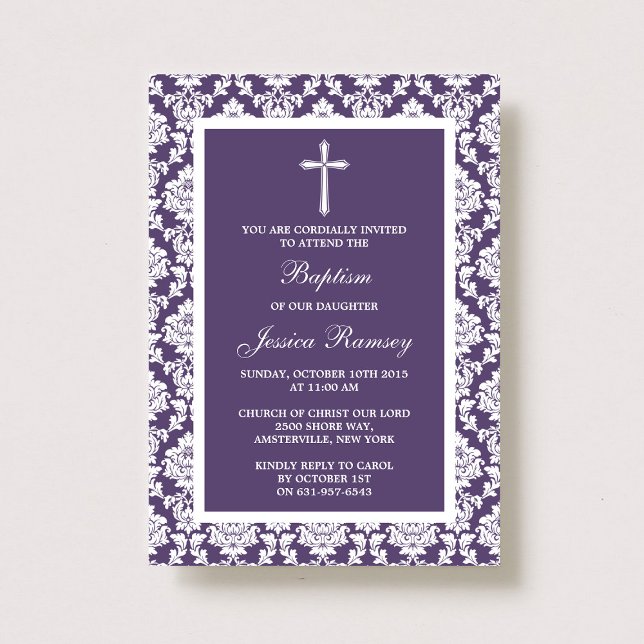 Purple Damask Cross Baptism Or Christening Invitation (Creator Uploaded)