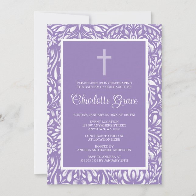 Purple Damask Cross Girl Baptism Christening Invitation (Front)