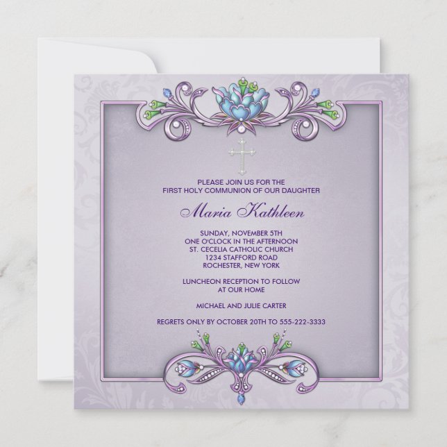 Purple Damask Cross Girls First Communion Invitation (Front)