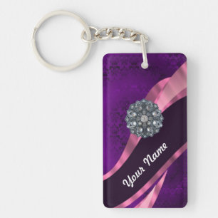 Purple damask & crystal key ring