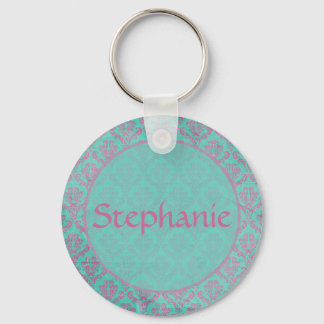 Purple Damask Customisable Name Button Keychain