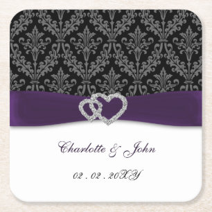 Purple Damask Diamante Wedding Square Paper Coaster