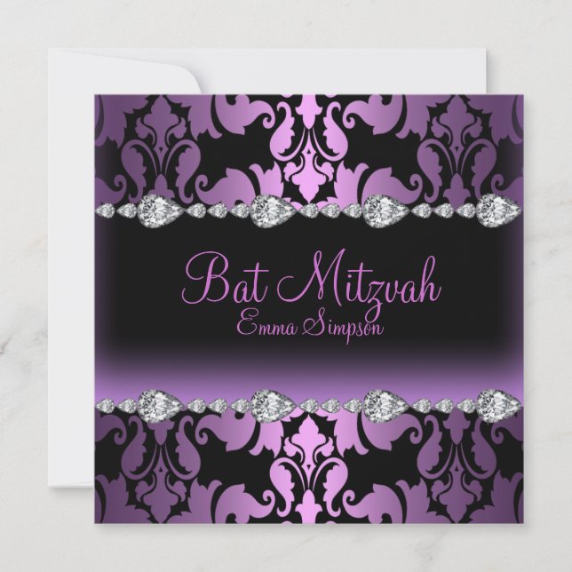 Purple Damask & Diamond Bat Mitzvah Invite (Front)