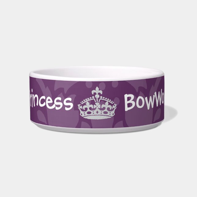Purple Damask Diamond Princess Crown Dog Bowl (Front)