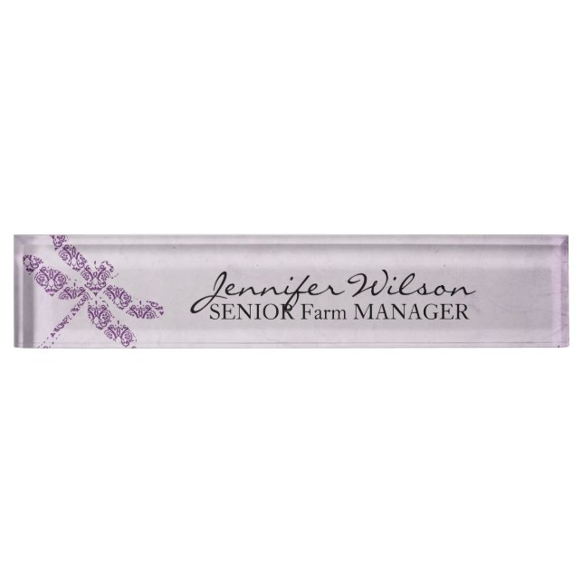 Purple Damask Dragonfly Wedding Nameplate (Front)
