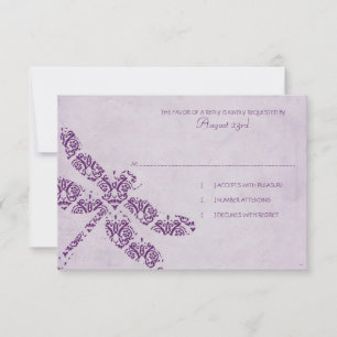 Purple Damask Dragonfly Wedding RSVP Card