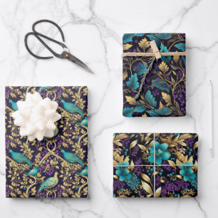 Purple Damask Floral Wrapping Paper Sheet