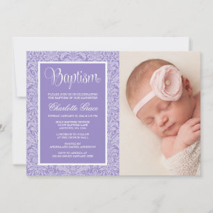 Purple Damask Girl Photo Baptism Christening Invitation