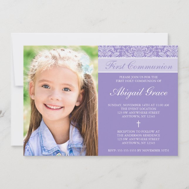 Purple Damask Girl Photo First Communion Invitation (Front)