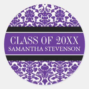 Purple Damask Graduation Custom Year Name Classic Round Sticker