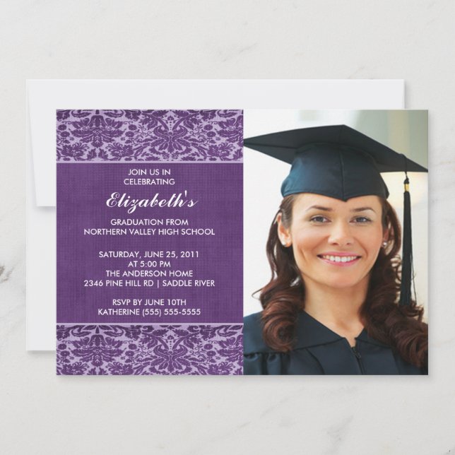 Purple Damask Graduation Invitation with Photo (Front)
