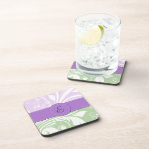 Purple Damask, Green Damask, Monogram Coaster