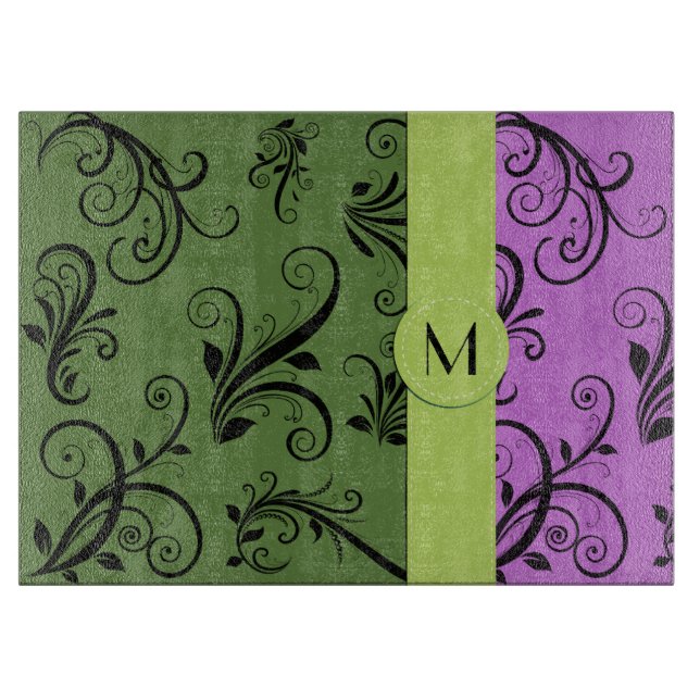 Purple Damask, Green Damask, Monogram Cutting Board (Front)