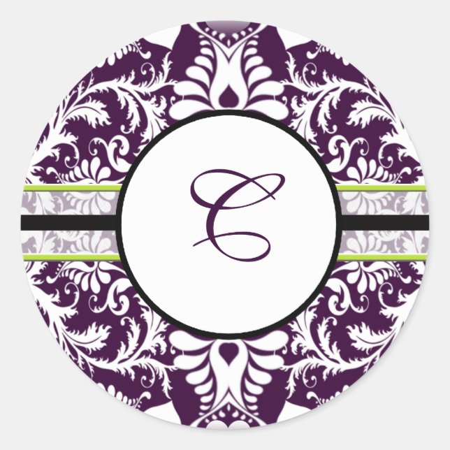 Purple Damask Initial Sticker Letter C Wedding (Front)