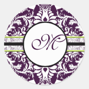 Purple Damask Initial Sticker Letter M Wedding