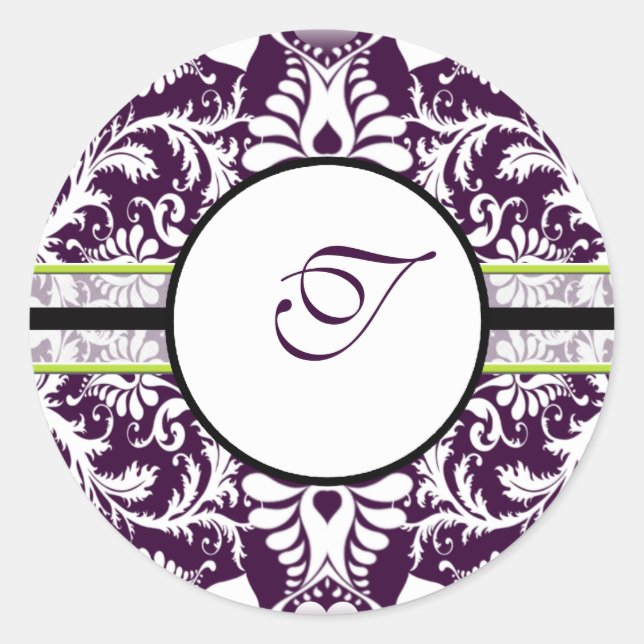 Purple Damask Initial Sticker Letter T Wedding (Front)