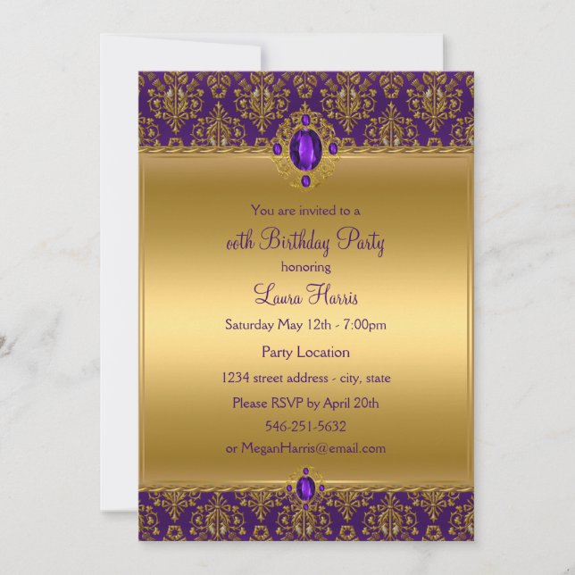 Purple Damask Jewel Birthday Party Invitations (Front)