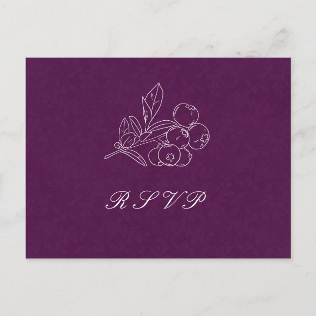 Purple Damask Leaves Line Art Elegant Wedding RSVP Postcard (Front)