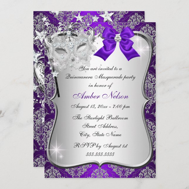 Purple Damask Mask Quinceanera Masquerade Invite (Front/Back)