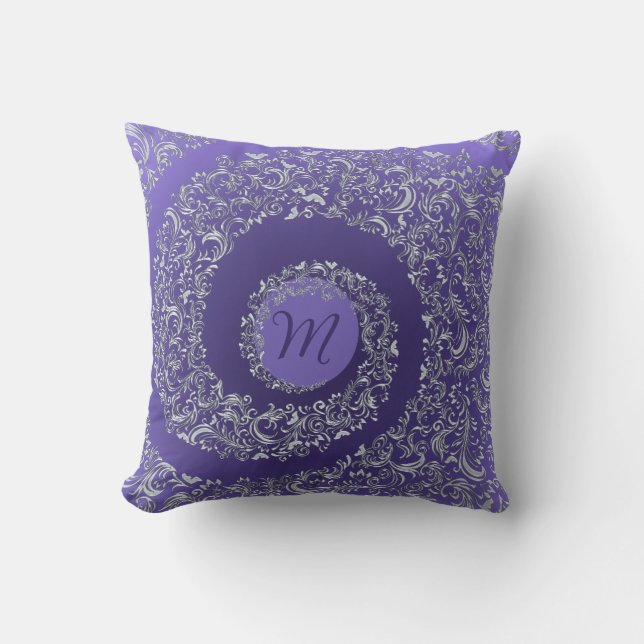 Purple Damask Monogram Cushion (Front)